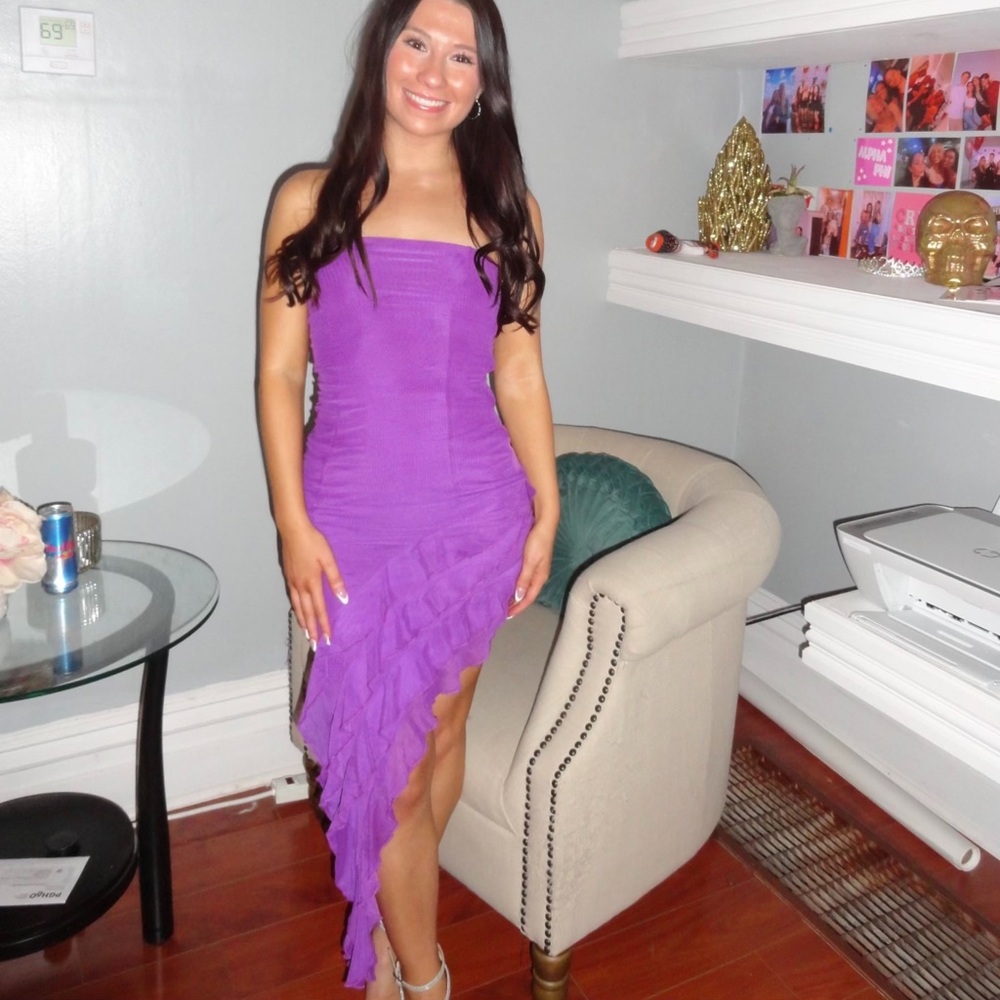 Oh Polly Bandeau Ruffle Asymmetric Hem Midi Dress